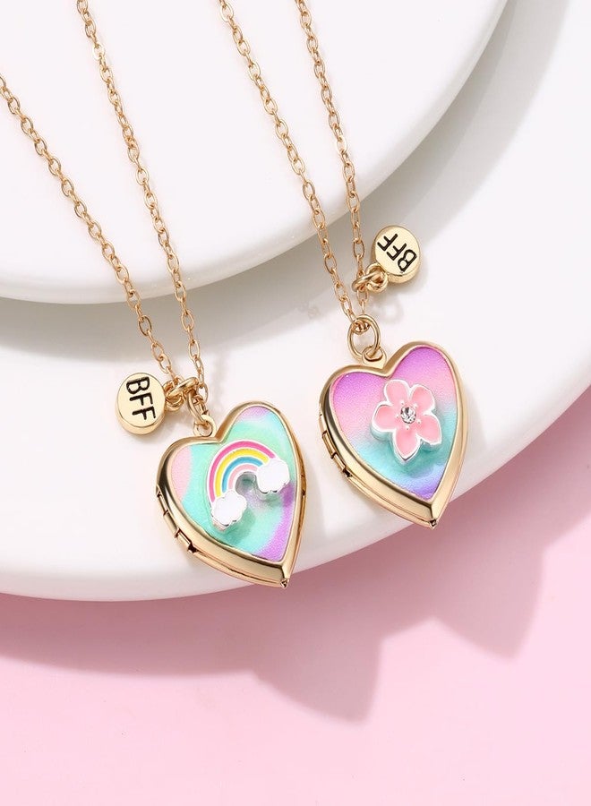 Cykdohy Rainbow Flower BFF Friendship Necklace Cute Heart Pendant Locket Picture Necklaces Set Of 2 Photo Secret Inside Storage Matching Birthday Graduation Jewelry Gifts for Sister Besties Daughter Best Friend Forever Women - Image 2